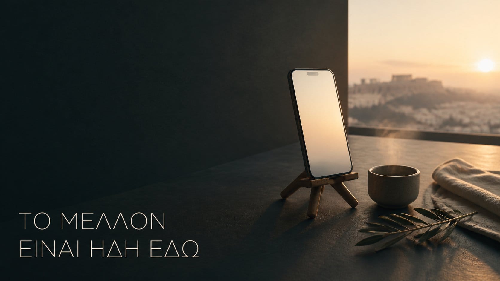 Το μέλλον είναι ήδη εδώ — smartphone σε wooden tripod με Athens sunrise