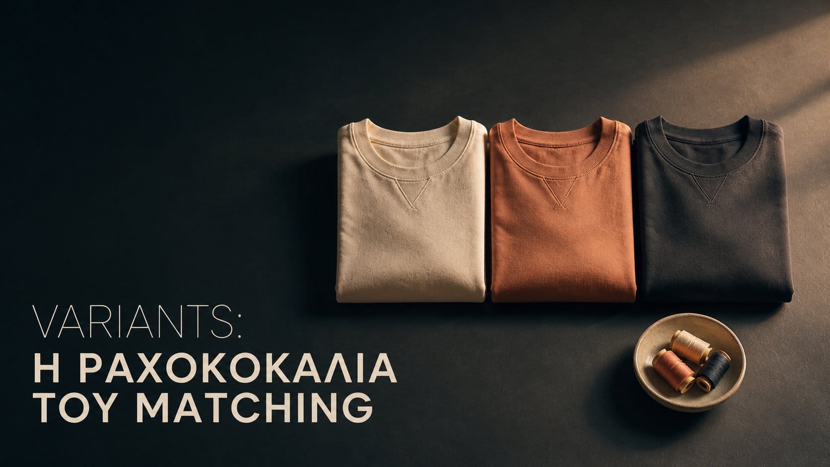 Variants: η ραχοκοκαλιά του matching — three folded garments σε διαφορετικά shades