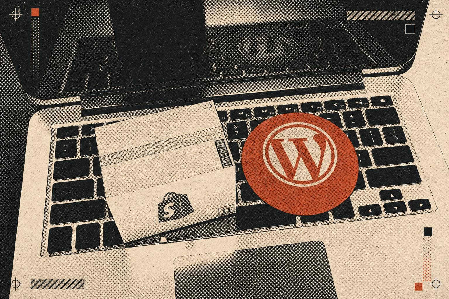Λογότυπα Shopify vs Woocommerce πάνω σε λάπτοπ